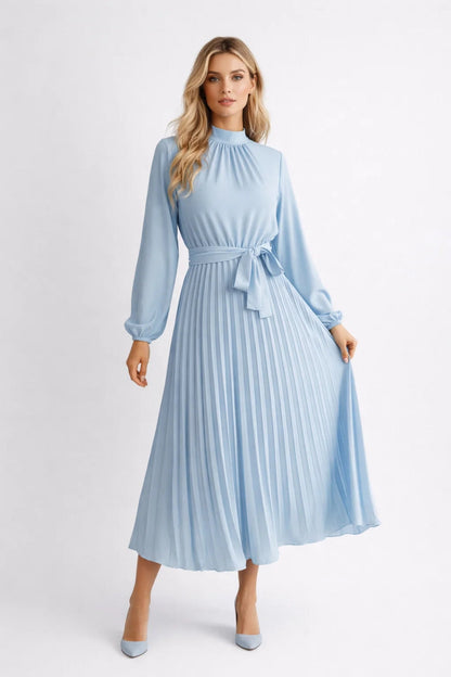 Women's Midi Dress Light Blue Pleated Elegant Fabric - 1