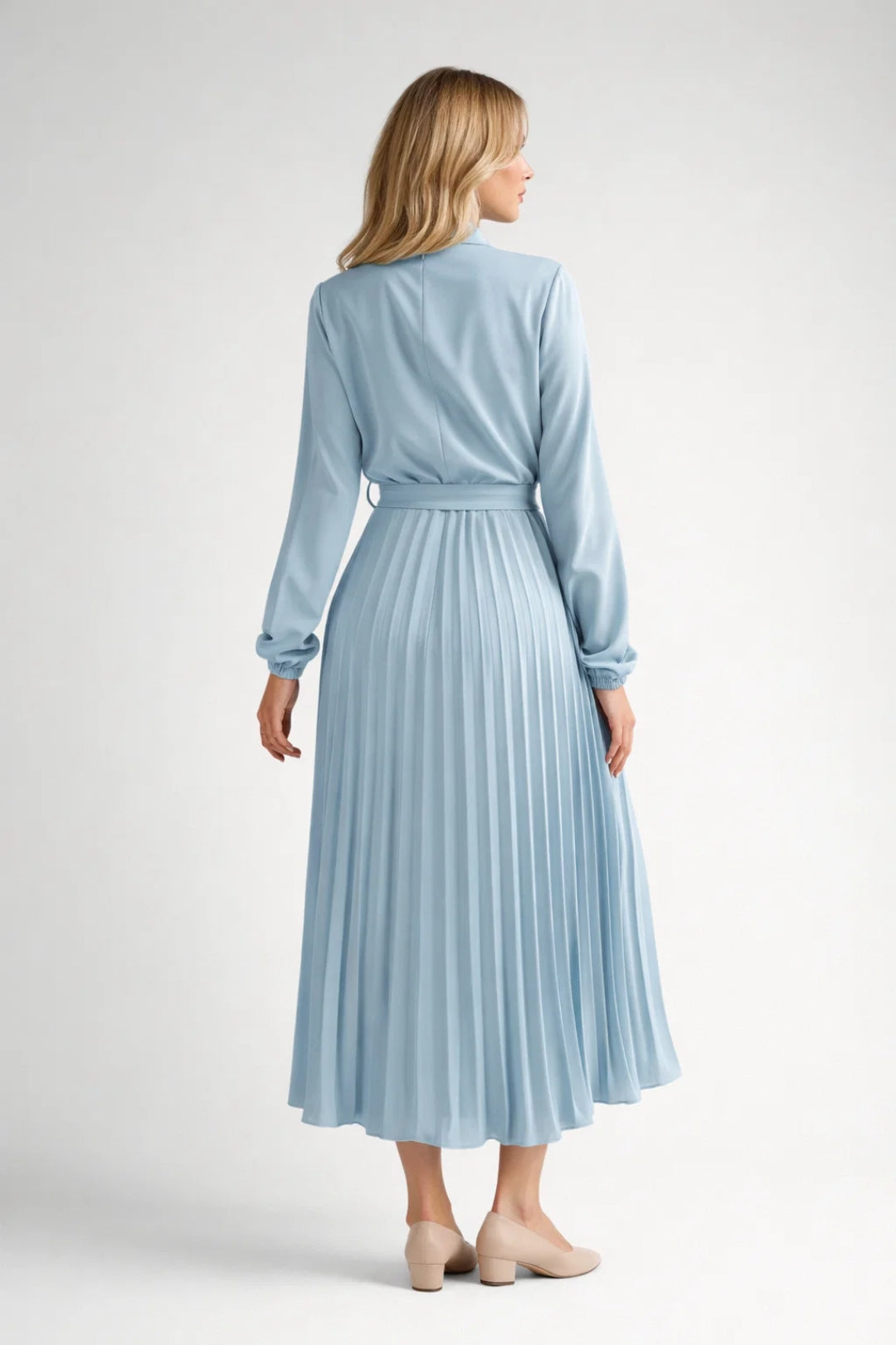 Women's Midi Dress Light Blue Pleated Elegant Fabric - 2