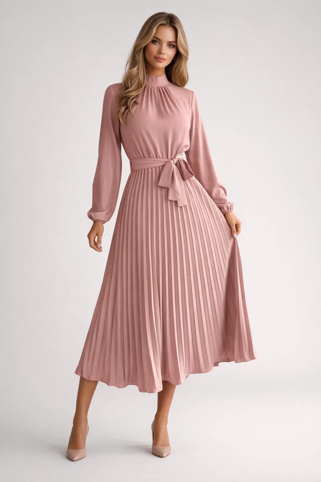 Women's Midi Dress Light Blue Pleated Elegant Fabric - 4