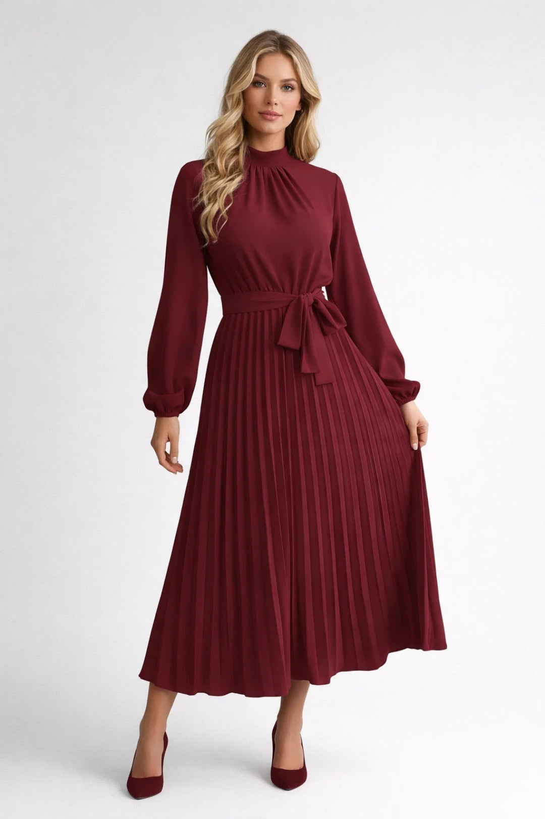 Women's Midi Dress Light Blue Pleated Elegant Fabric - 5