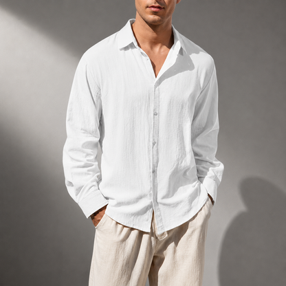 Men's Cotton Linen Classic Collar Button-Up Shirt in White – front view | Hensley London