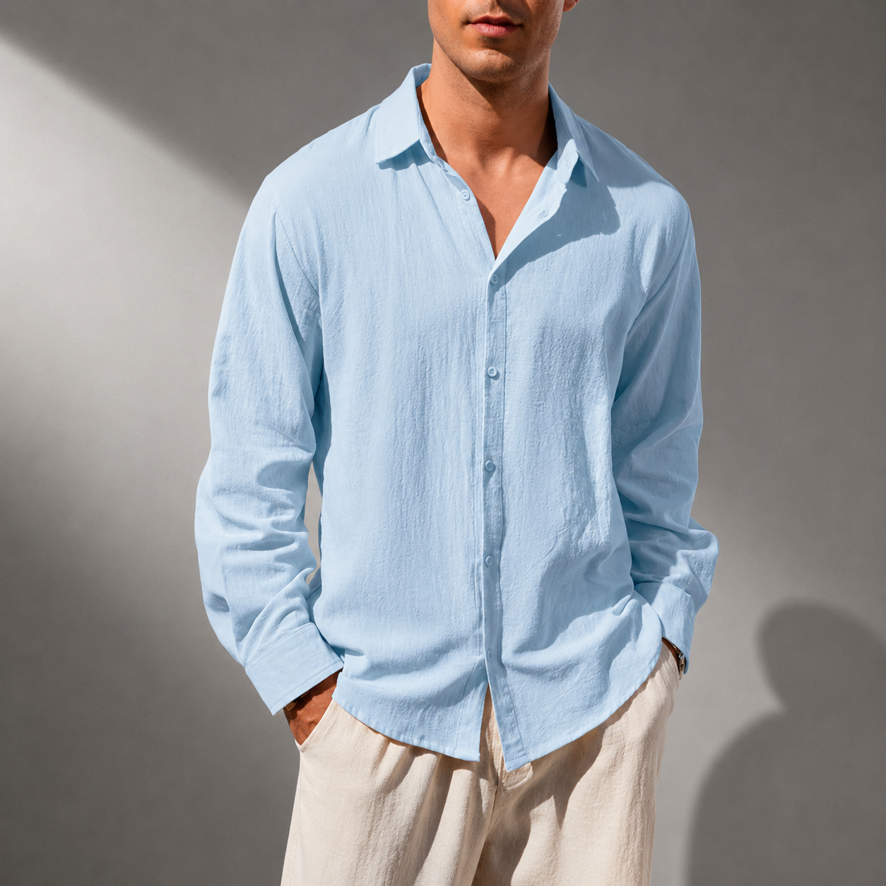 Men's Cotton Linen Classic Collar Button-Up Shirt in Pink – front view | Hensley London