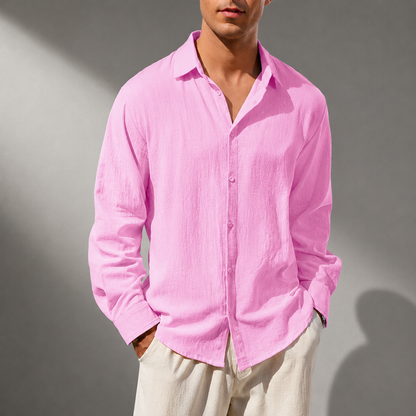 Men's Cotton Linen Classic Collar Button-Up Shirt in Khaki – front view | Hensley London