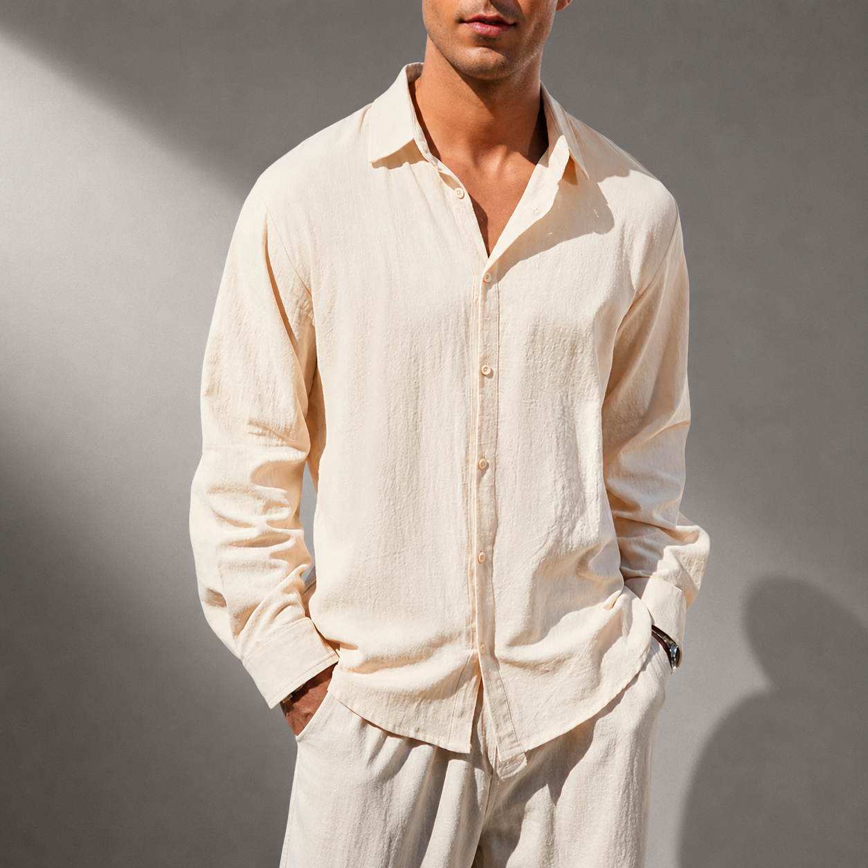 Men's Cotton Linen Classic Collar Button-Up Shirt in Grey – front view | Hensley London