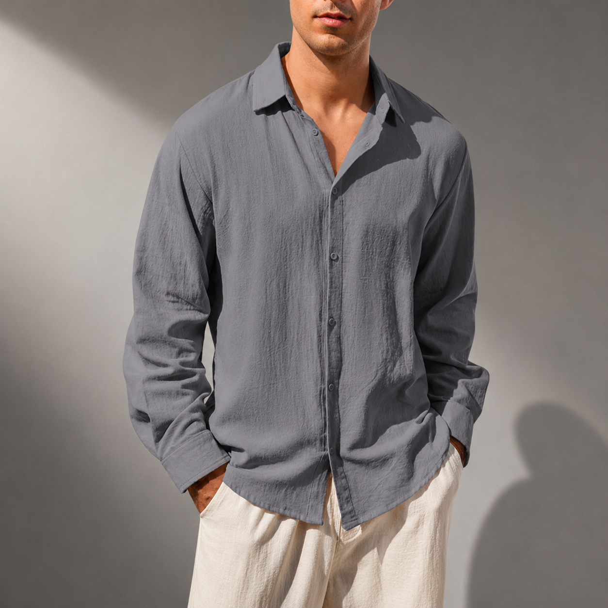 Men's Cotton Linen Classic Collar Button-Up Shirt in Sky Blue – front view | Hensley London