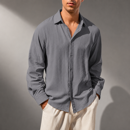 Men's Cotton Linen Classic Collar Button-Up Shirt in Sky Blue – front view | Hensley London