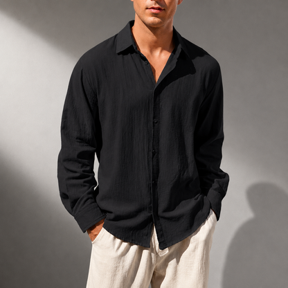 Men's Cotton Linen Classic Collar Button-Up Shirt in Black – front view | Hensley London
