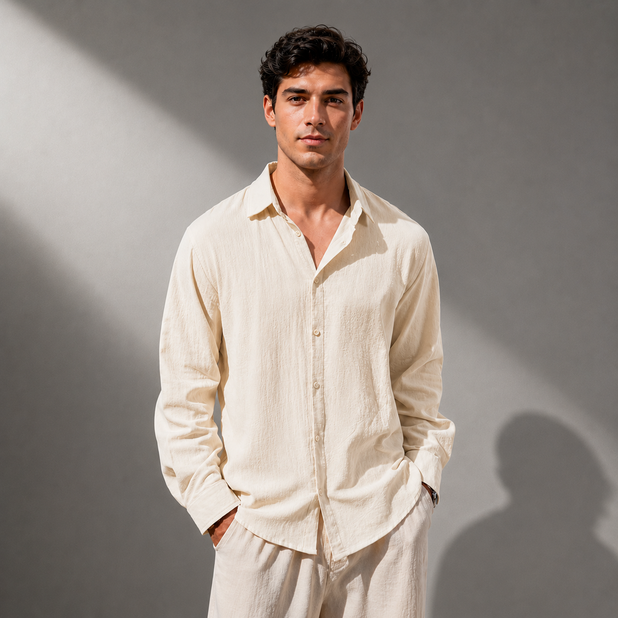 Men's Cotton Linen Classic Collar Button-Up Shirt – detail view | Hensley London