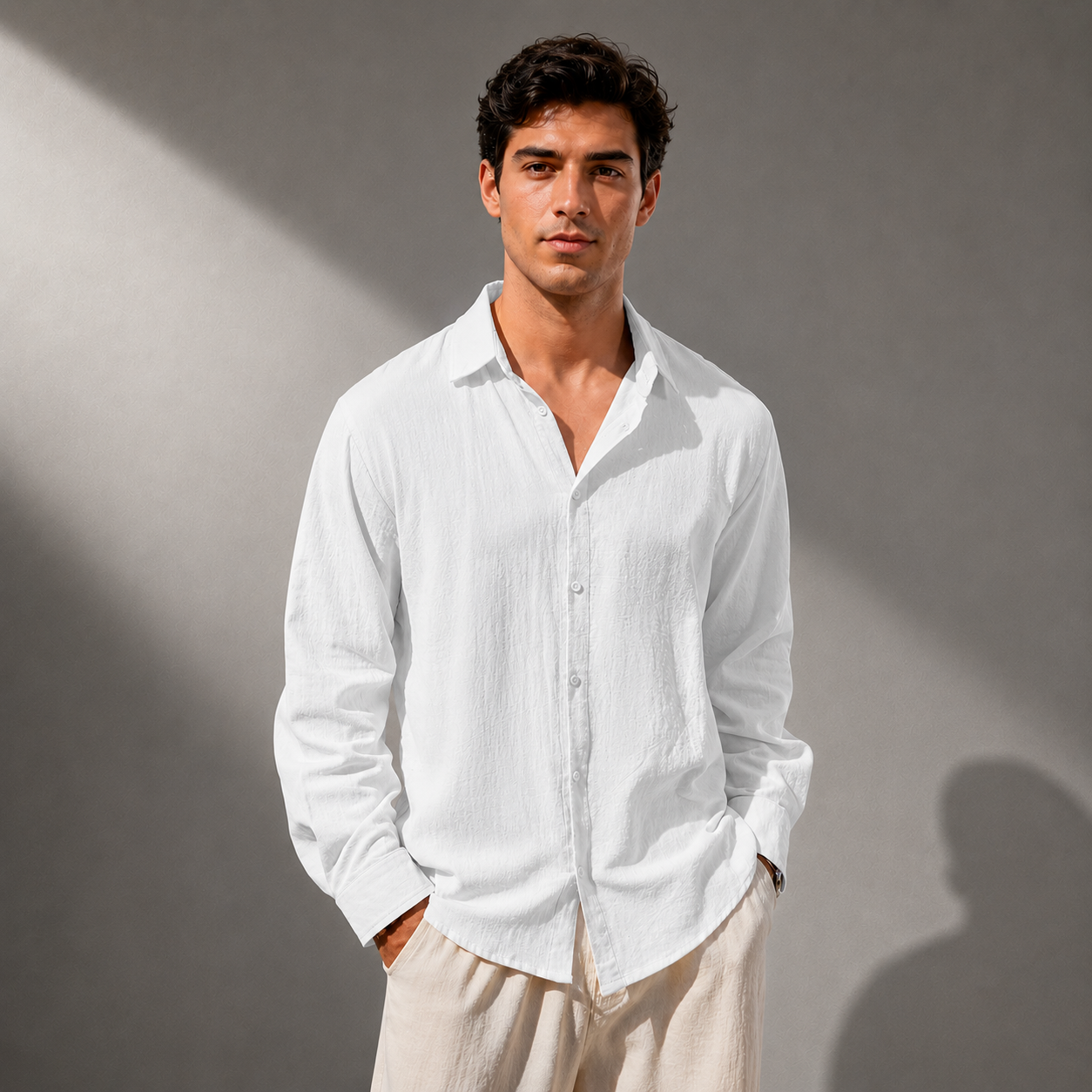 Men's Cotton Linen Classic Collar Button-Up Shirt – detail view | Hensley London