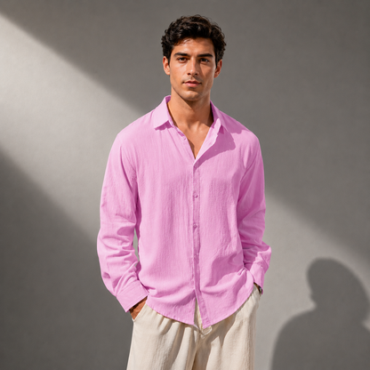 Men's Cotton Linen Classic Collar Button-Up Shirt – detail view | Hensley London