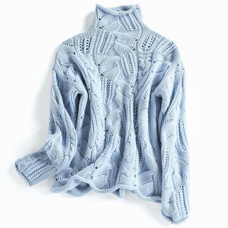 Women's Cashmere Blend Turtleneck Sweater in Wavy Blue – front view | Hensley London