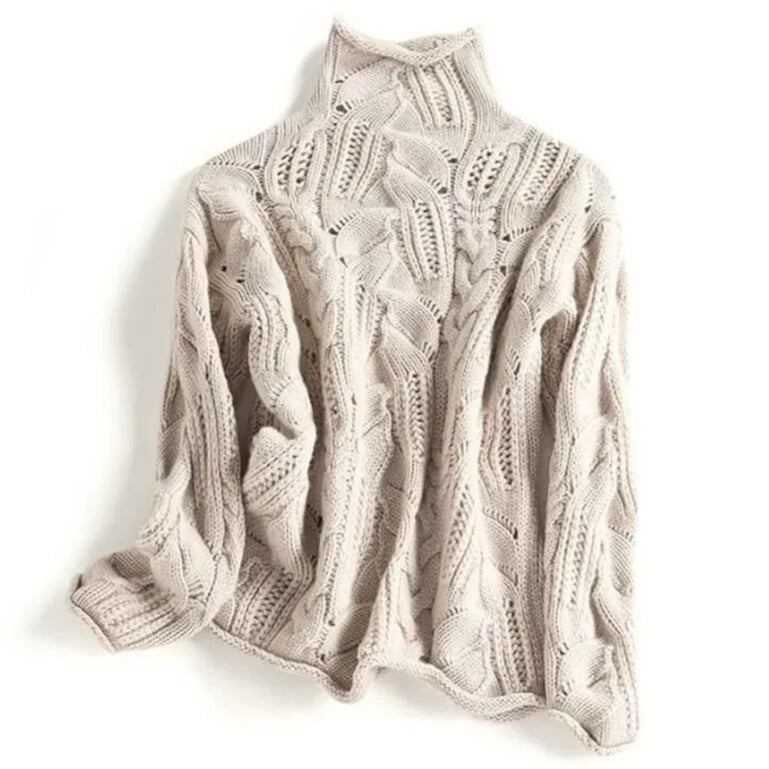 Women's Cashmere Blend Turtleneck Sweater in Beige – front view | Hensley London