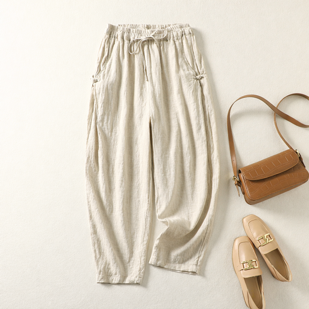 Women's High-Waist Linen Pants in Beige – front view | Hensley London