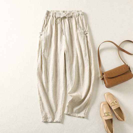 Women's High-Waist Linen Pants in Beige – front view | Hensley London