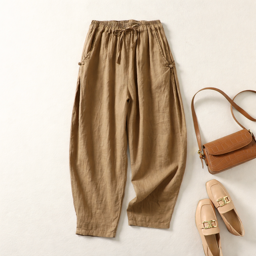 Women's High-Waist Linen Pants in Black – front view | Hensley London