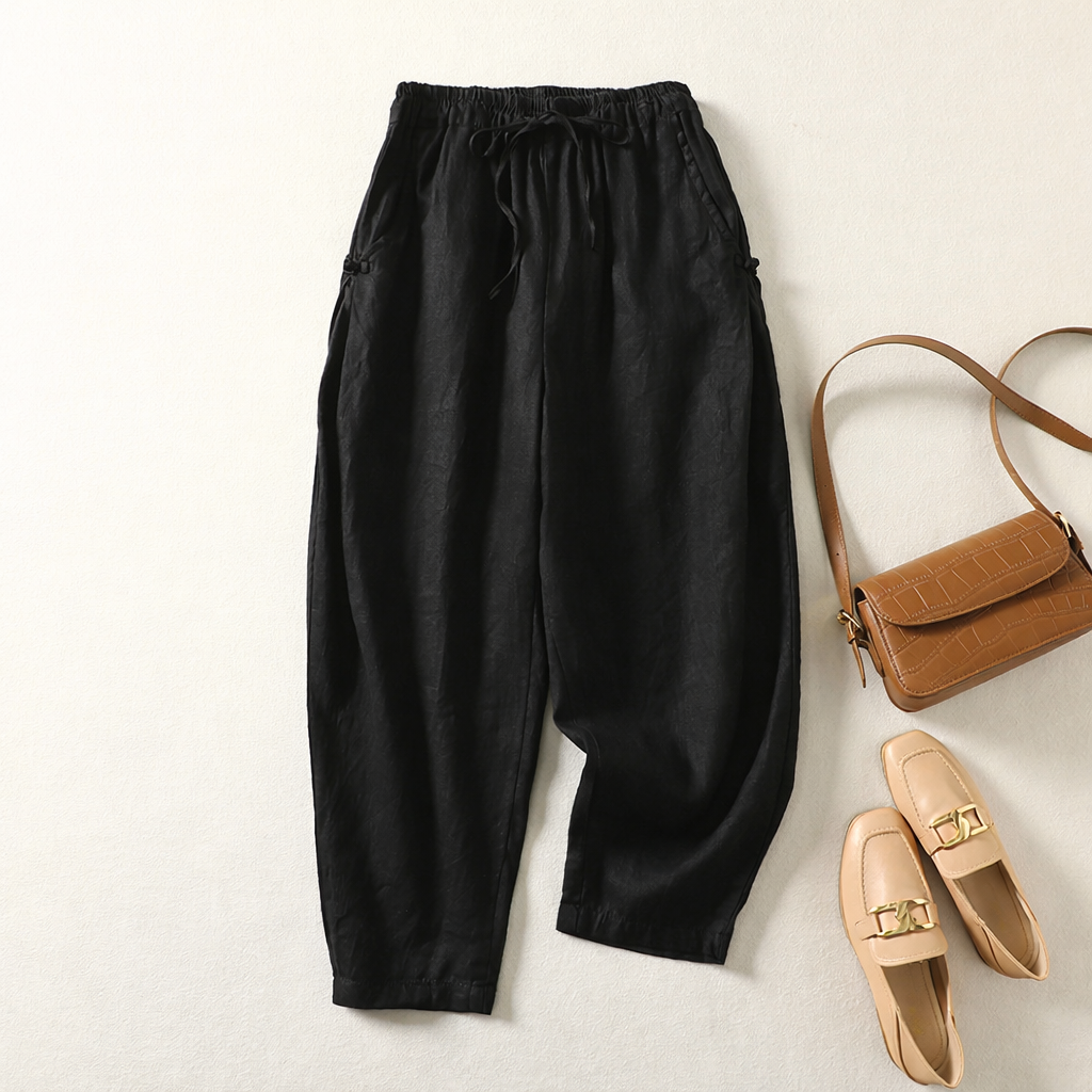 Women's High-Waist Linen Pants in Brown – front view | Hensley London