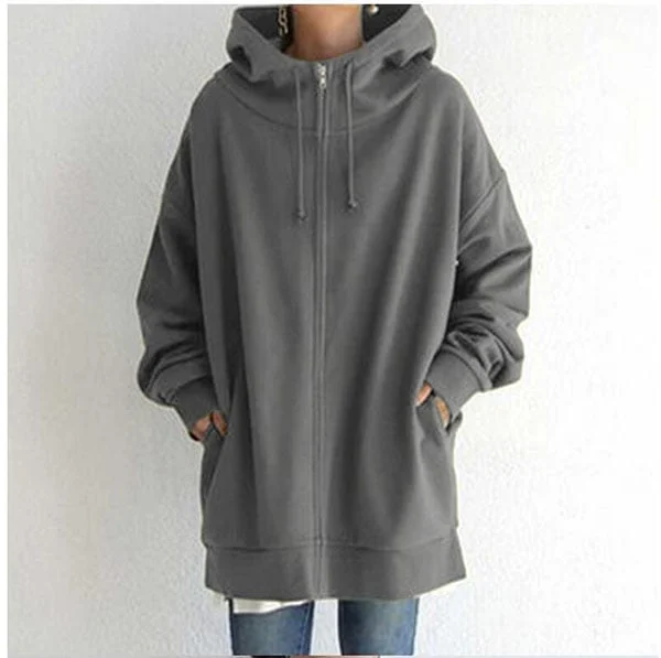 Women's Zip-Up Hoodie Gray Oversized Cotton - 1