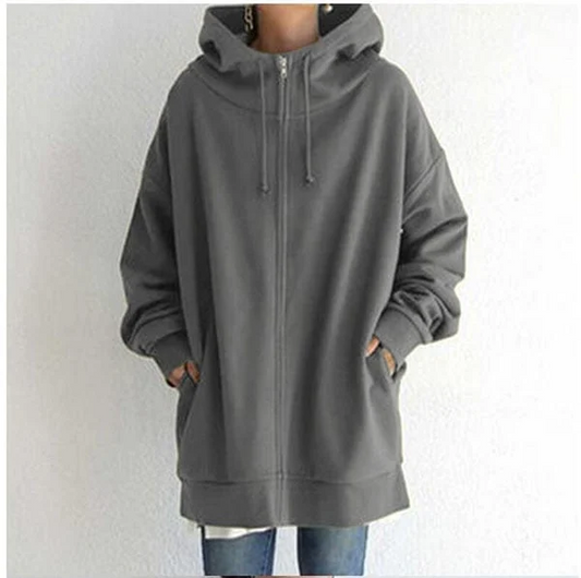 Women's Zip-Up Hoodie Gray Oversized Cotton - 1