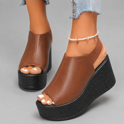 Women's Leather Peep-Toe Platform Slingback Sandals in Brown – side view | Hensley London