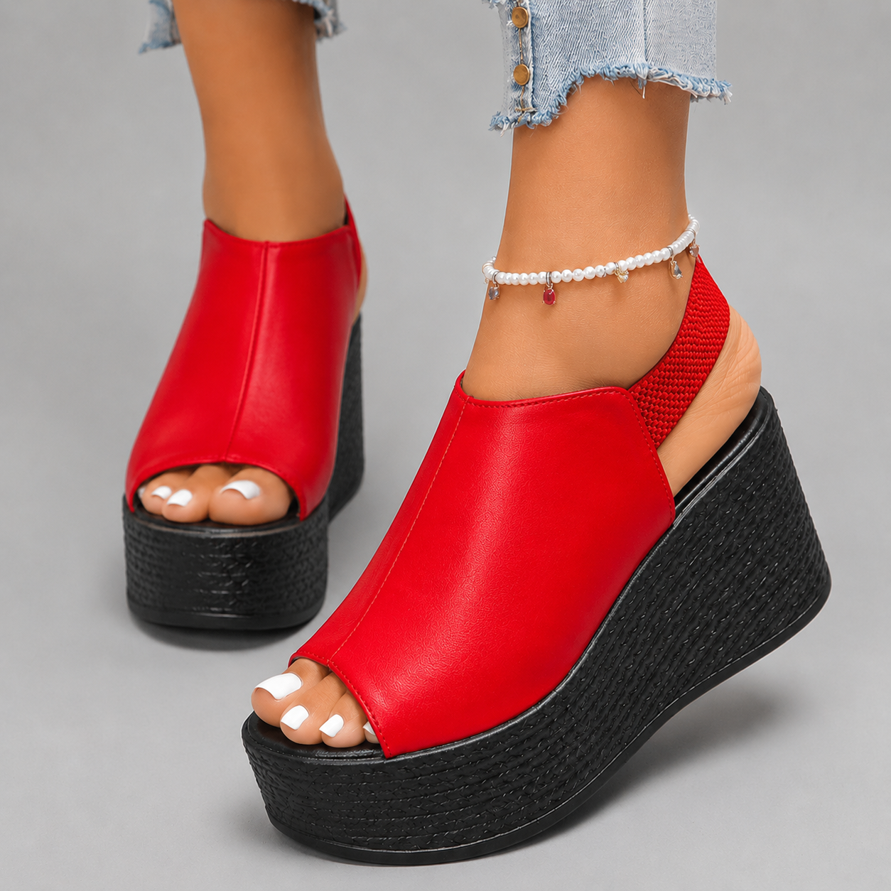 Women's Leather Peep-Toe Platform Slingback Sandals in Red – side view | Hensley London
