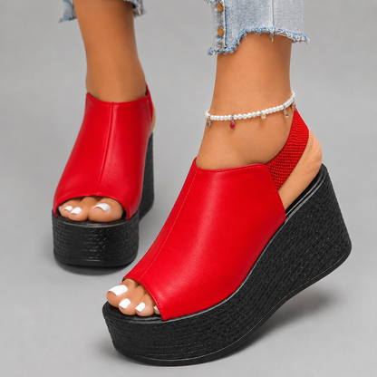 Women's Leather Peep-Toe Platform Slingback Sandals in Red – side view | Hensley London
