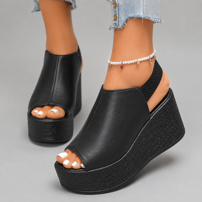 Women's Leather Peep-Toe Platform Slingback Sandals in Black – side view | Hensley London