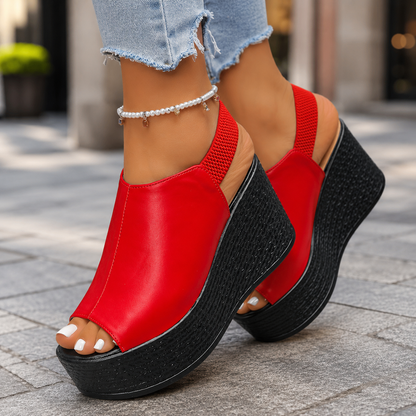 Women's Leather Peep-Toe Platform Slingback Sandals – slingback strap detail | Hensley London