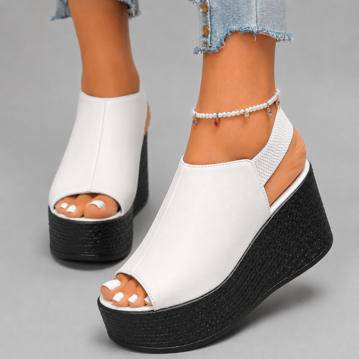 Women's Leather Peep-Toe Platform Slingback Sandals in White – side view | Hensley London