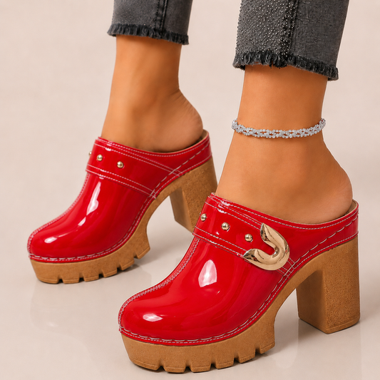 Women's Patent Leather Platform Heels in Red – side view | Hensley London