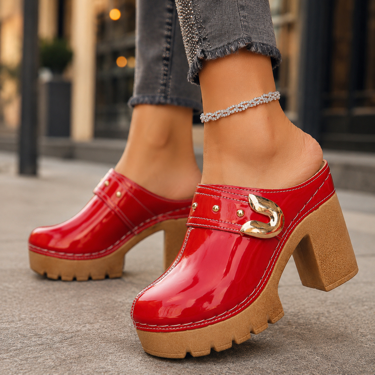 Women's Patent Leather Platform Heels – gold buckle detail | Hensley London