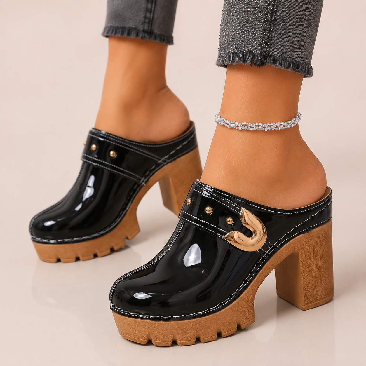 Women's Patent Leather Platform Heels in Black – side view | Hensley London