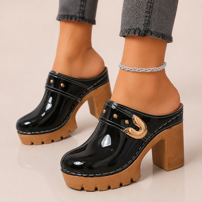 Women's Patent Leather Platform Heels in Black – side view | Hensley London