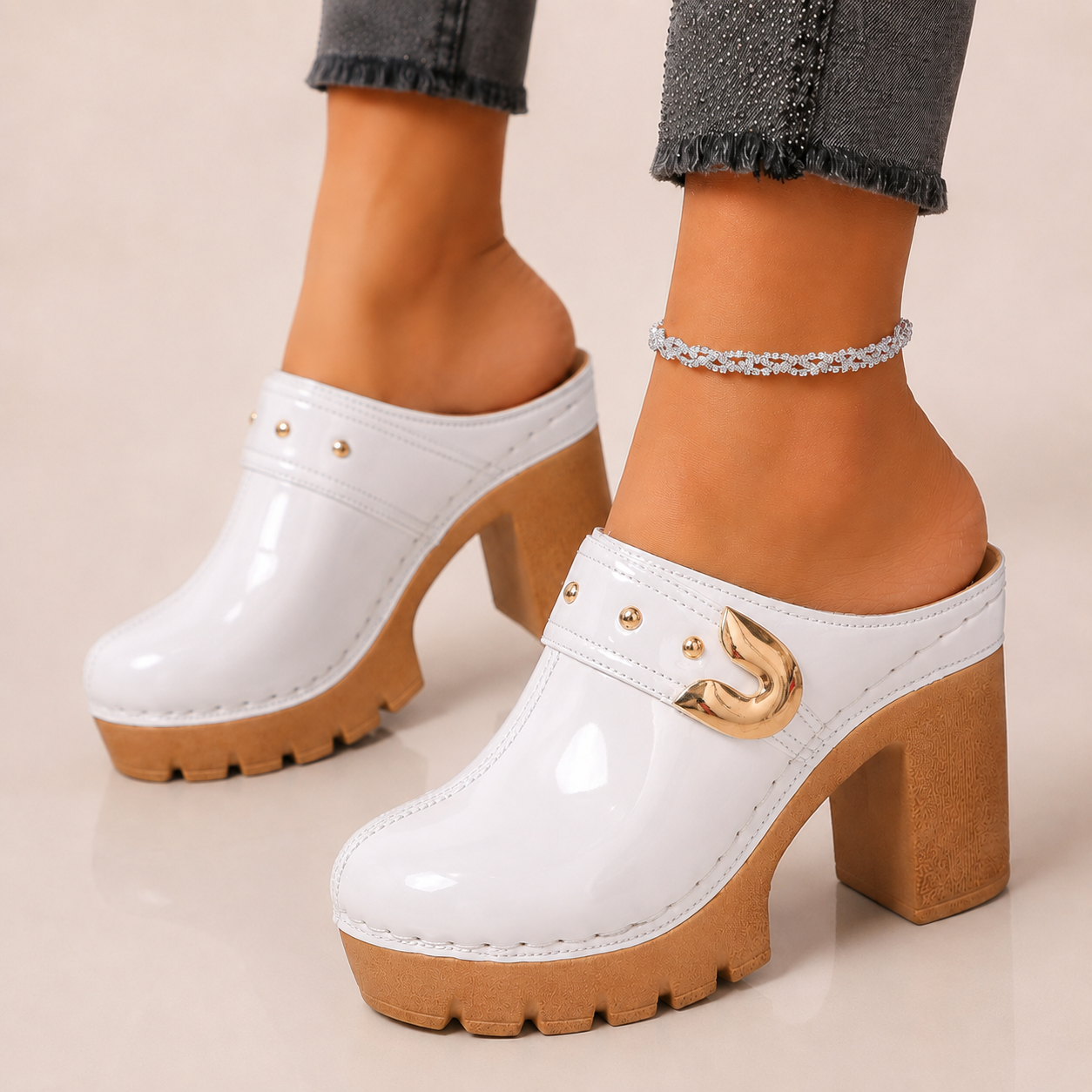 Women's Patent Leather Platform Heels in White – side view | Hensley London