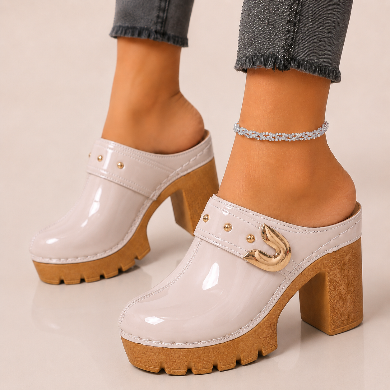 Women's Patent Leather Platform Heels in Beige – side view | Hensley London