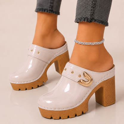 Women's Patent Leather Platform Heels in Beige – side view | Hensley London
