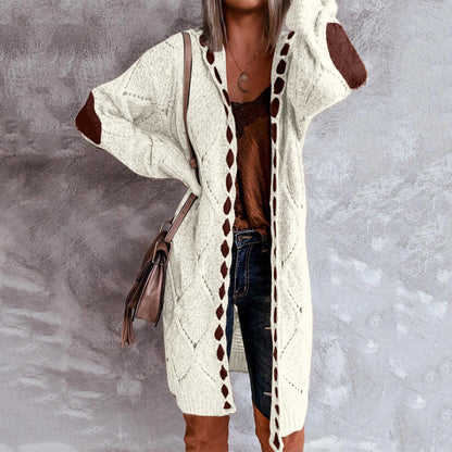 Women's Openwork Hooded Long Cardigan in Off-White – product view 1 | Hensley London