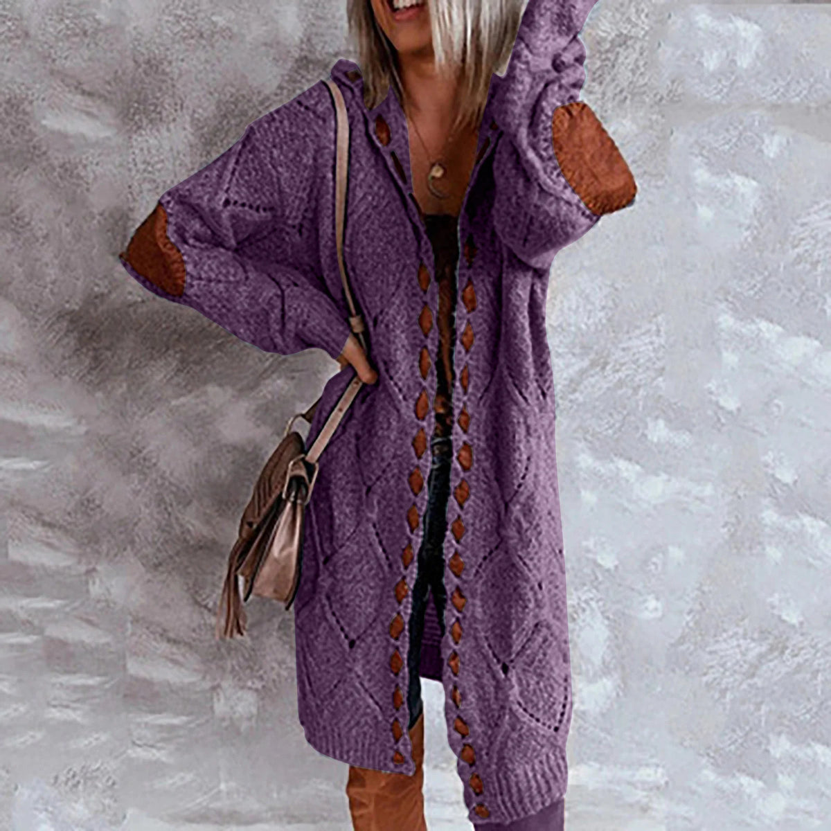Women's Openwork Hooded Long Cardigan in Purple – product view 3 | Hensley London