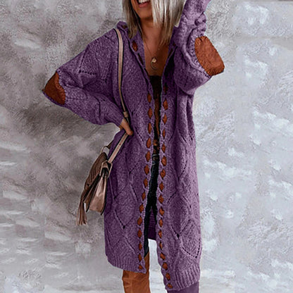 Women's Openwork Hooded Long Cardigan in Purple – product view 3 | Hensley London