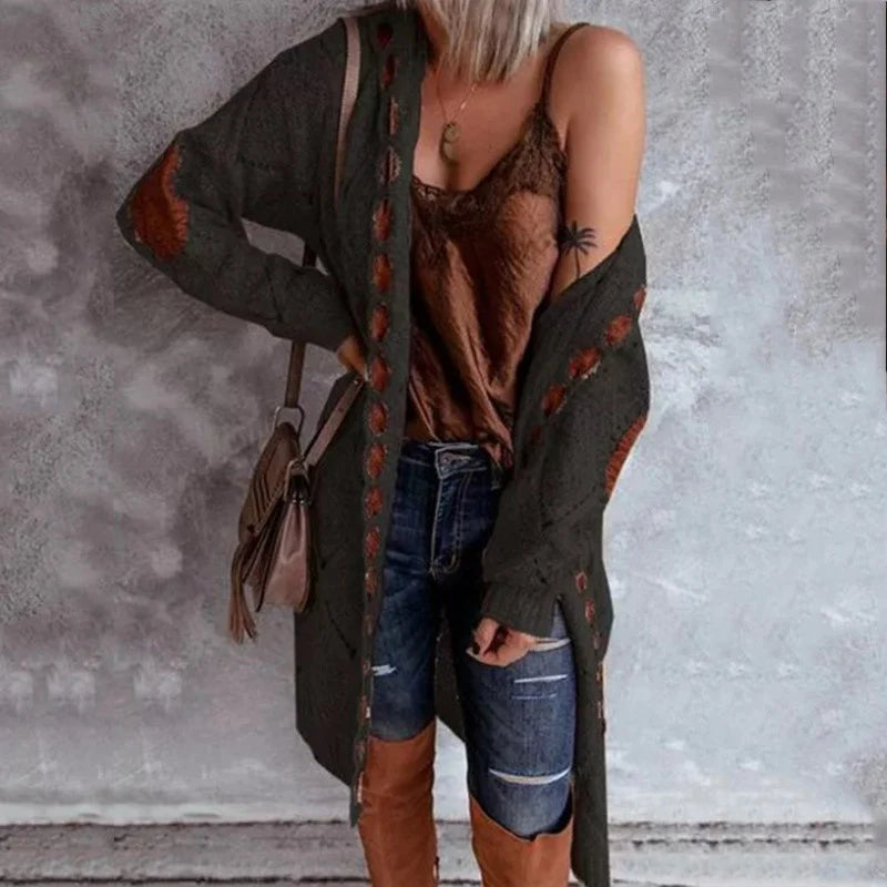 Women's Openwork Hooded Long Cardigan in Black – product view 6 | Hensley London