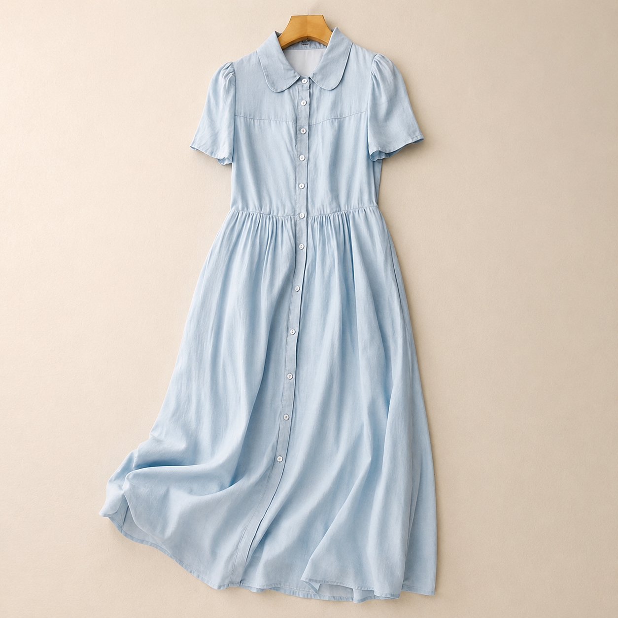 Women's Cotton Linen Collared Short-Sleeve Midi Dress in Blue – front view | Hensley London