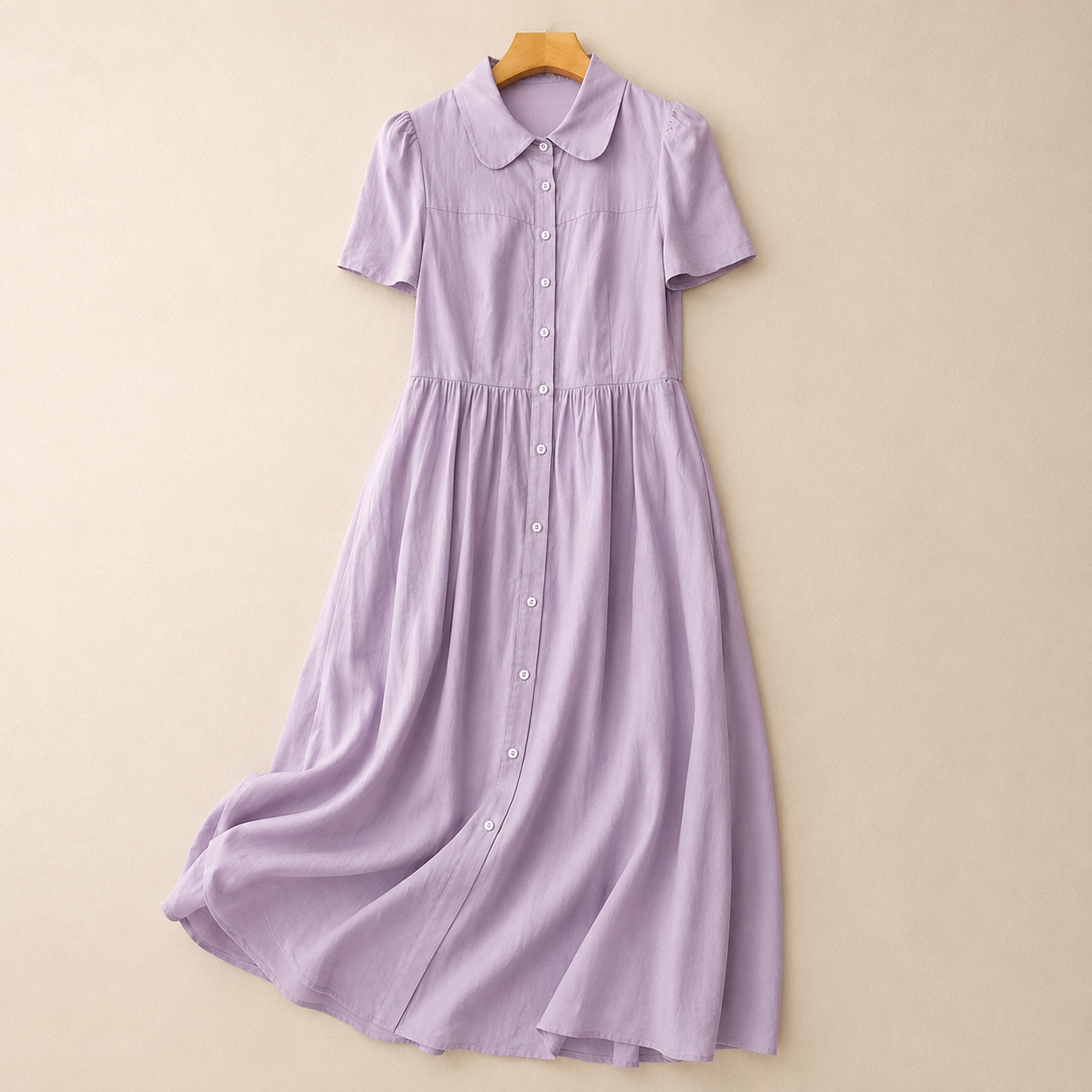 Women's Cotton Linen Collared Short-Sleeve Midi Dress in Purple – front view | Hensley London