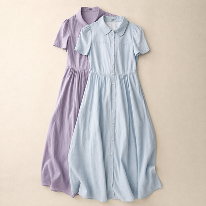 Women's Cotton Linen Collared Short-Sleeve Midi Dress – back view | Hensley London