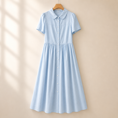 Women's Cotton Linen Collared Short-Sleeve Midi Dress – styled view | Hensley London