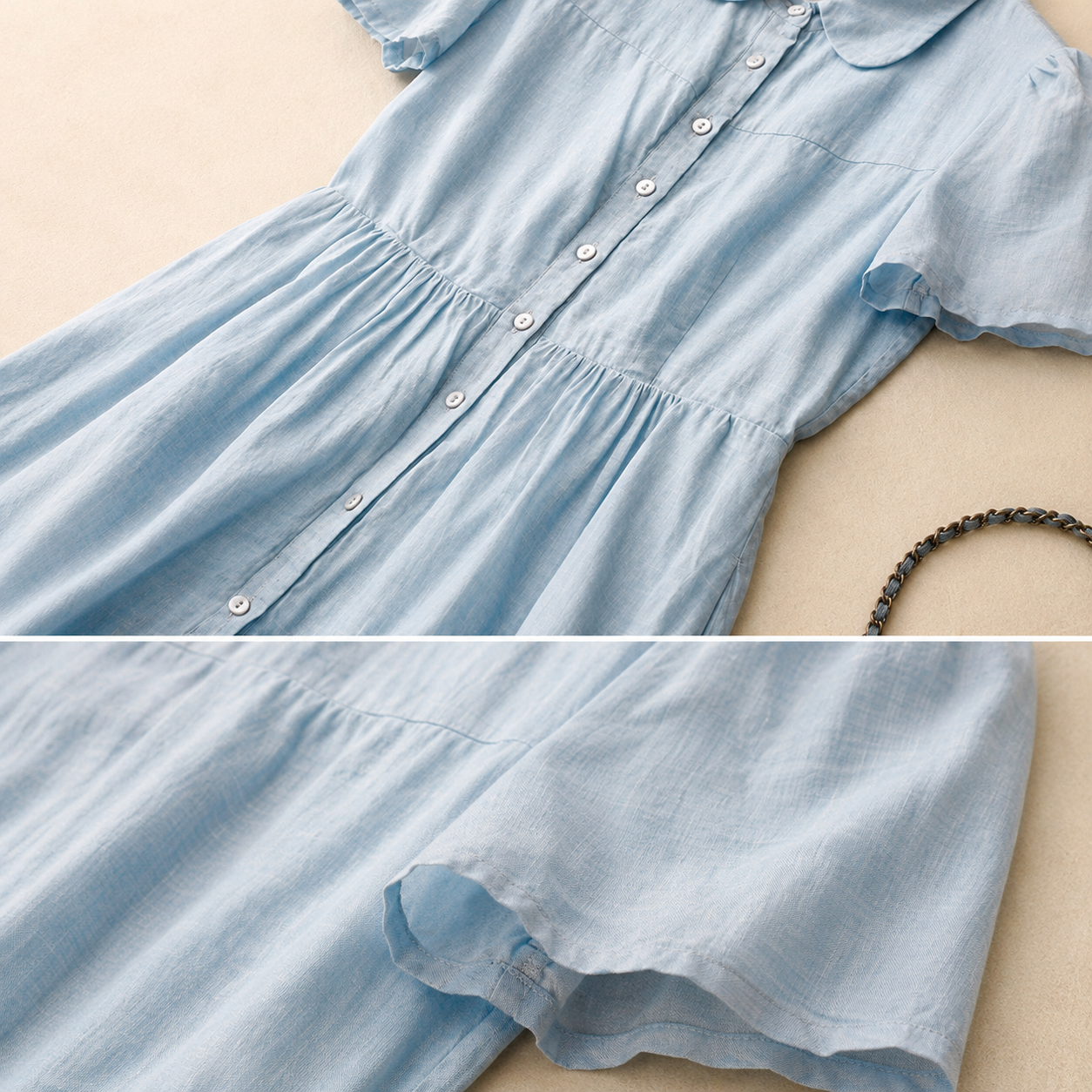 Women's Cotton Linen Collared Short-Sleeve Midi Dress – full-length view | Hensley London