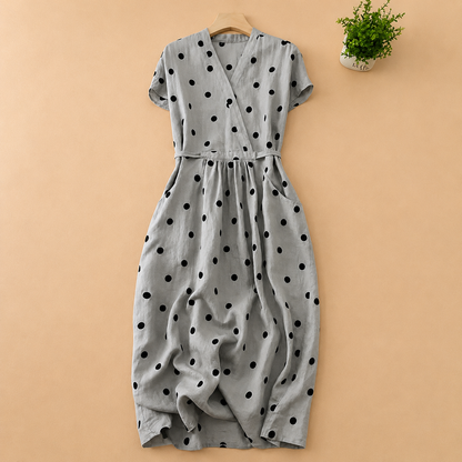 Women's Polka Dot Wrap Midi Dress in Polka Dot Print – close-up view | Hensley London