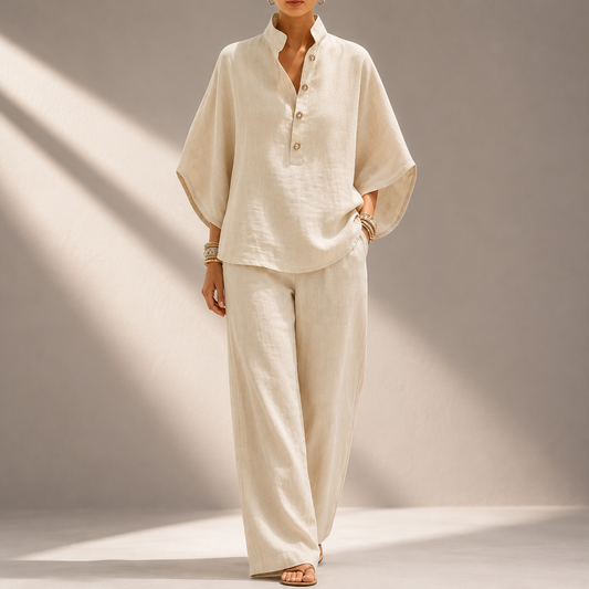 Women's Cotton Linen Two-Piece Wide-Leg Pants Set in Khaki – front view | Hensley London