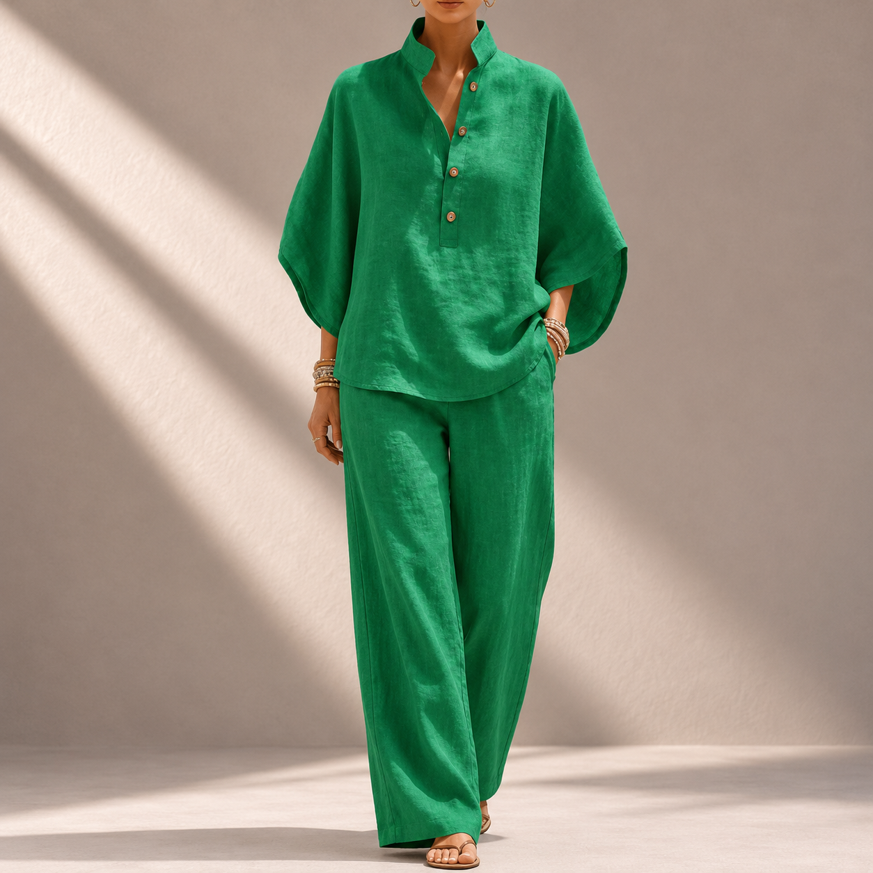 Women's Cotton Linen Two-Piece Wide-Leg Pants Set in Green – front view | Hensley London