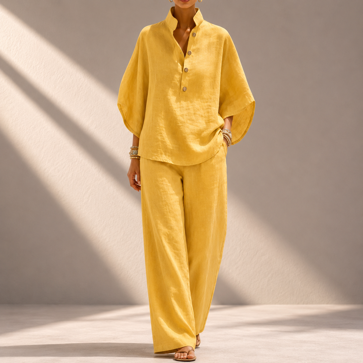 Women's Cotton Linen Two-Piece Wide-Leg Pants Set in Yellow – front view | Hensley London