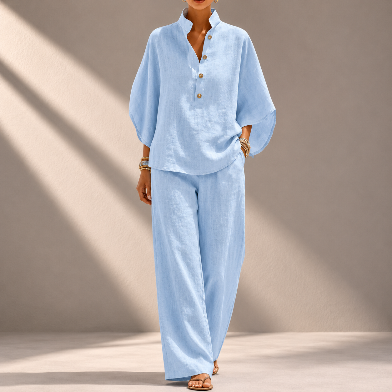 Women's Cotton Linen Two-Piece Wide-Leg Pants Set in Light Blue – front view | Hensley London