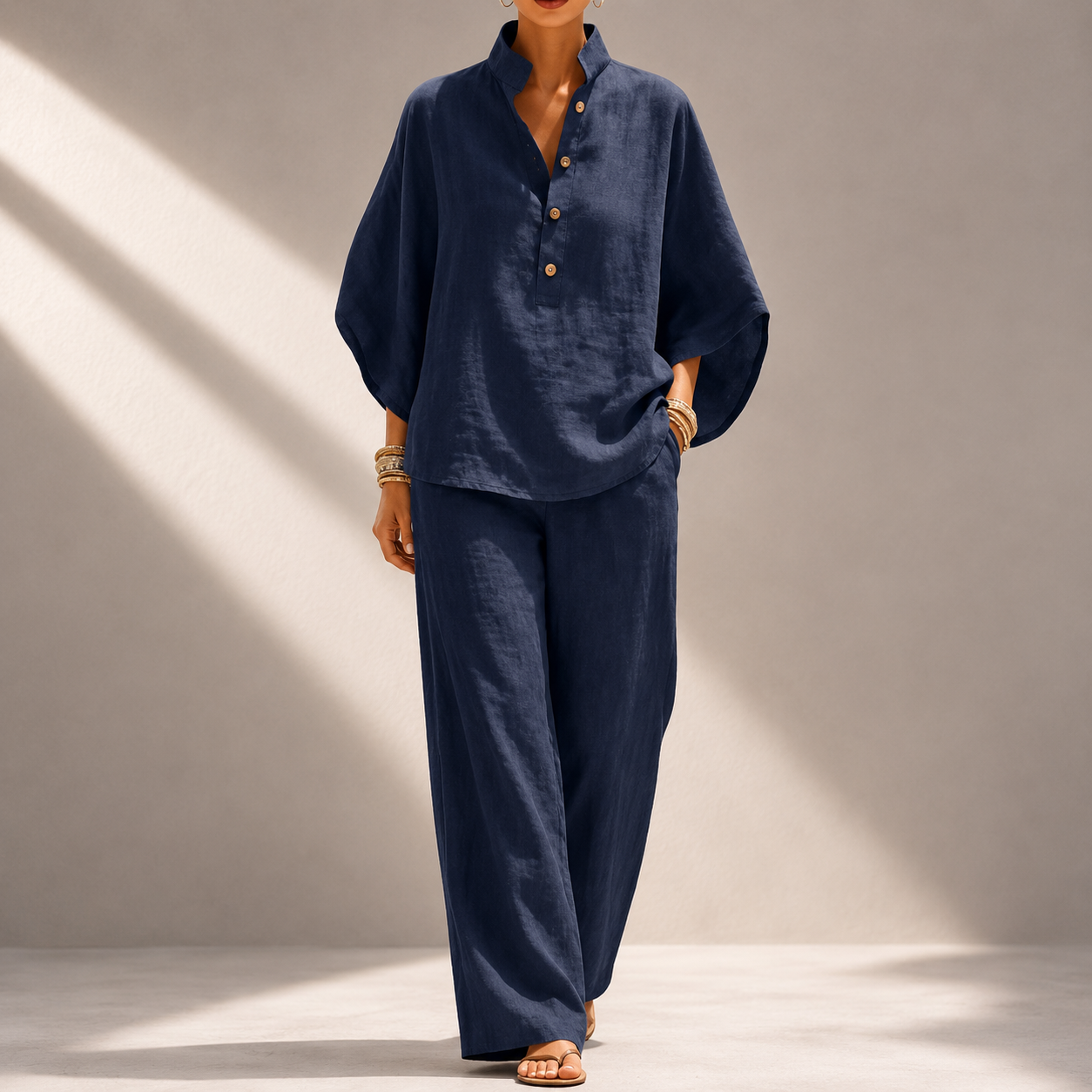 Women's Cotton Linen Two-Piece Wide-Leg Pants Set in Navy – front view | Hensley London